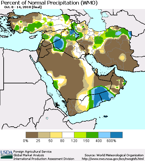 Middle East and Turkey Percent of Normal Precipitation (WMO) Thematic Map For 10/8/2018 - 10/14/2018