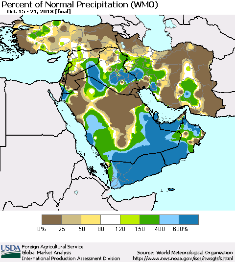Middle East and Turkey Percent of Normal Precipitation (WMO) Thematic Map For 10/15/2018 - 10/21/2018