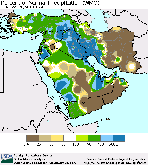 Middle East and Turkey Percent of Normal Precipitation (WMO) Thematic Map For 10/22/2018 - 10/28/2018