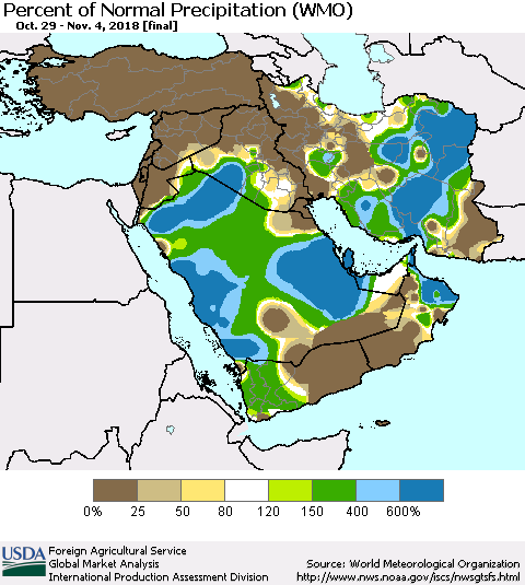 Middle East and Turkey Percent of Normal Precipitation (WMO) Thematic Map For 10/29/2018 - 11/4/2018
