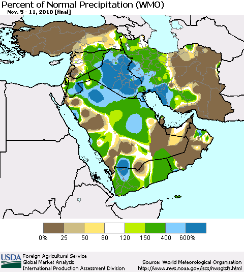 Middle East and Turkey Percent of Normal Precipitation (WMO) Thematic Map For 11/5/2018 - 11/11/2018