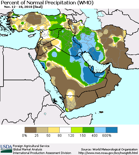 Middle East and Turkey Percent of Normal Precipitation (WMO) Thematic Map For 11/12/2018 - 11/18/2018