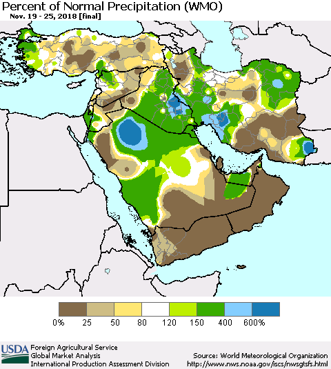 Middle East and Turkey Percent of Normal Precipitation (WMO) Thematic Map For 11/19/2018 - 11/25/2018