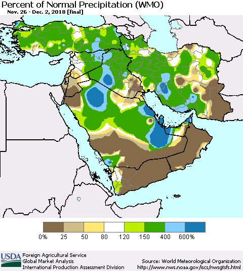 Middle East and Turkey Percent of Normal Precipitation (WMO) Thematic Map For 11/26/2018 - 12/2/2018
