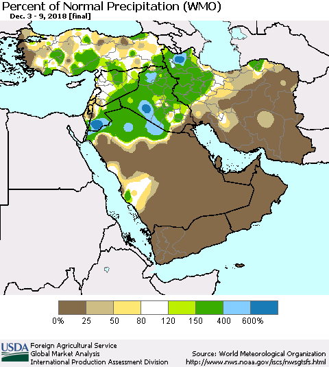 Middle East and Turkey Percent of Normal Precipitation (WMO) Thematic Map For 12/3/2018 - 12/9/2018