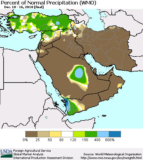 Middle East and Turkey Percent of Normal Precipitation (WMO) Thematic Map For 12/10/2018 - 12/16/2018