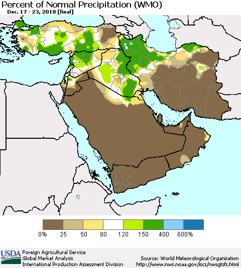 Middle East and Turkey Percent of Normal Precipitation (WMO) Thematic Map For 12/17/2018 - 12/23/2018