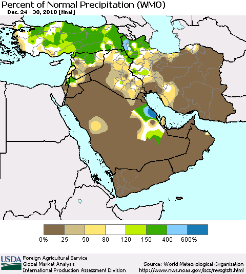 Middle East and Turkey Percent of Normal Precipitation (WMO) Thematic Map For 12/24/2018 - 12/30/2018