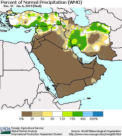 Middle East and Turkey Percent of Normal Precipitation (WMO) Thematic Map For 12/31/2018 - 1/6/2019
