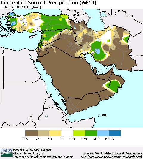 Middle East and Turkey Percent of Normal Precipitation (WMO) Thematic Map For 1/7/2019 - 1/13/2019