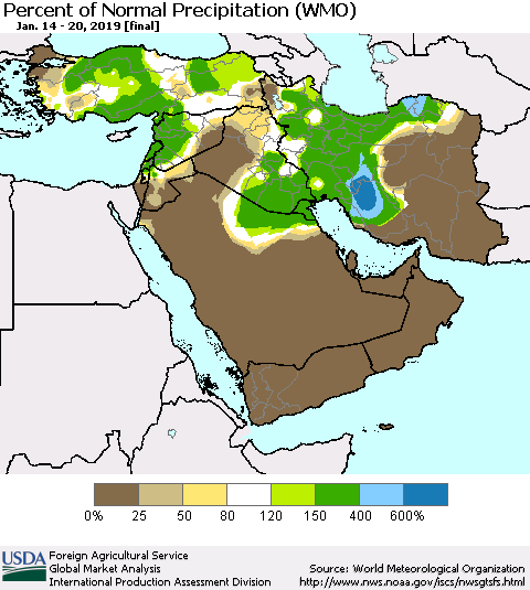 Middle East and Turkey Percent of Normal Precipitation (WMO) Thematic Map For 1/14/2019 - 1/20/2019