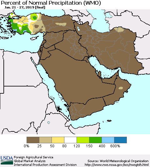 Middle East and Turkey Percent of Normal Precipitation (WMO) Thematic Map For 1/21/2019 - 1/27/2019