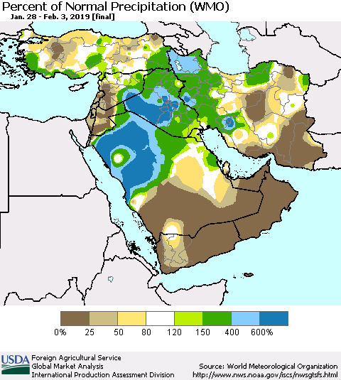 Middle East and Turkey Percent of Normal Precipitation (WMO) Thematic Map For 1/28/2019 - 2/3/2019