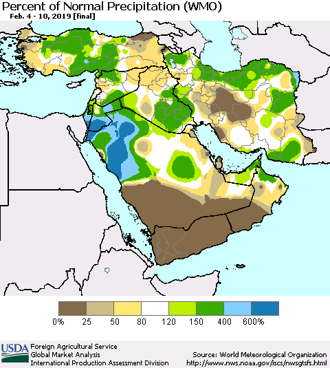 Middle East and Turkey Percent of Normal Precipitation (WMO) Thematic Map For 2/4/2019 - 2/10/2019