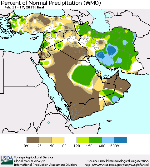 Middle East and Turkey Percent of Normal Precipitation (WMO) Thematic Map For 2/11/2019 - 2/17/2019