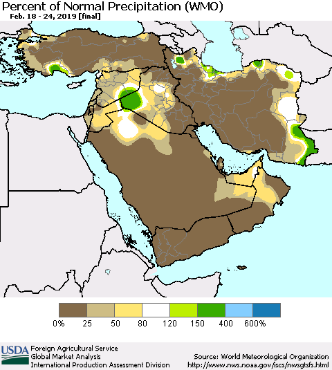 Middle East and Turkey Percent of Normal Precipitation (WMO) Thematic Map For 2/18/2019 - 2/24/2019