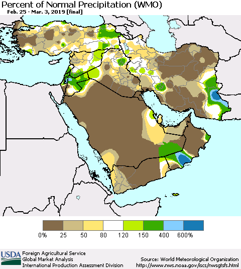Middle East and Turkey Percent of Normal Precipitation (WMO) Thematic Map For 2/25/2019 - 3/3/2019