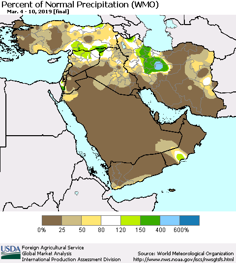 Middle East and Turkey Percent of Normal Precipitation (WMO) Thematic Map For 3/4/2019 - 3/10/2019