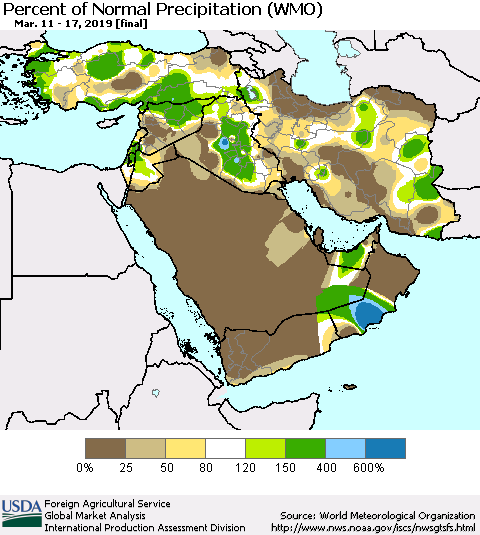 Middle East and Turkey Percent of Normal Precipitation (WMO) Thematic Map For 3/11/2019 - 3/17/2019