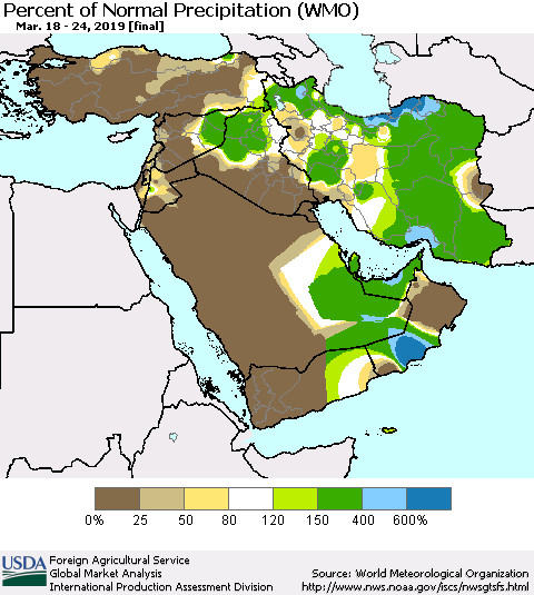 Middle East and Turkey Percent of Normal Precipitation (WMO) Thematic Map For 3/18/2019 - 3/24/2019
