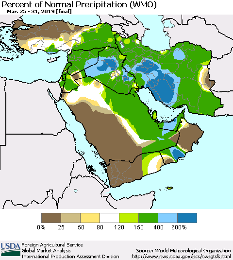 Middle East and Turkey Percent of Normal Precipitation (WMO) Thematic Map For 3/25/2019 - 3/31/2019
