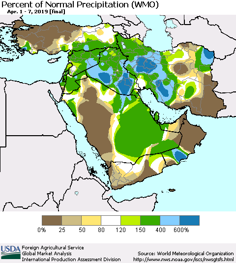 Middle East and Turkey Percent of Normal Precipitation (WMO) Thematic Map For 4/1/2019 - 4/7/2019