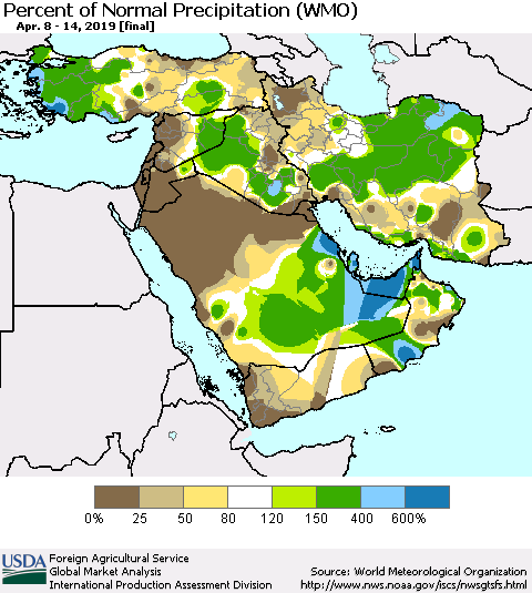 Middle East and Turkey Percent of Normal Precipitation (WMO) Thematic Map For 4/8/2019 - 4/14/2019
