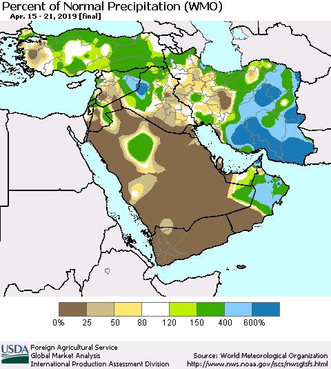 Middle East and Turkey Percent of Normal Precipitation (WMO) Thematic Map For 4/15/2019 - 4/21/2019