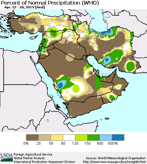 Middle East and Turkey Percent of Normal Precipitation (WMO) Thematic Map For 4/22/2019 - 4/28/2019