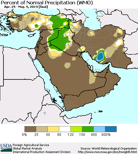 Middle East and Turkey Percent of Normal Precipitation (WMO) Thematic Map For 4/29/2019 - 5/5/2019