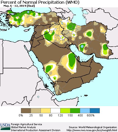 Middle East and Turkey Percent of Normal Precipitation (WMO) Thematic Map For 5/6/2019 - 5/12/2019