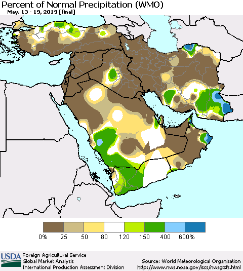 Middle East and Turkey Percent of Normal Precipitation (WMO) Thematic Map For 5/13/2019 - 5/19/2019