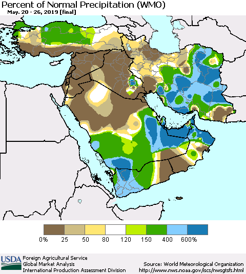 Middle East and Turkey Percent of Normal Precipitation (WMO) Thematic Map For 5/20/2019 - 5/26/2019