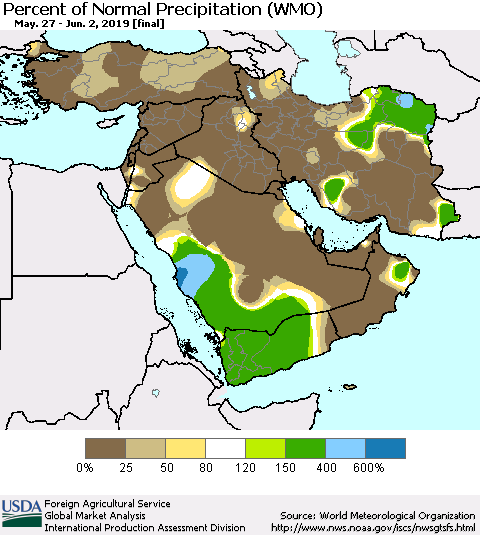 Middle East and Turkey Percent of Normal Precipitation (WMO) Thematic Map For 5/27/2019 - 6/2/2019