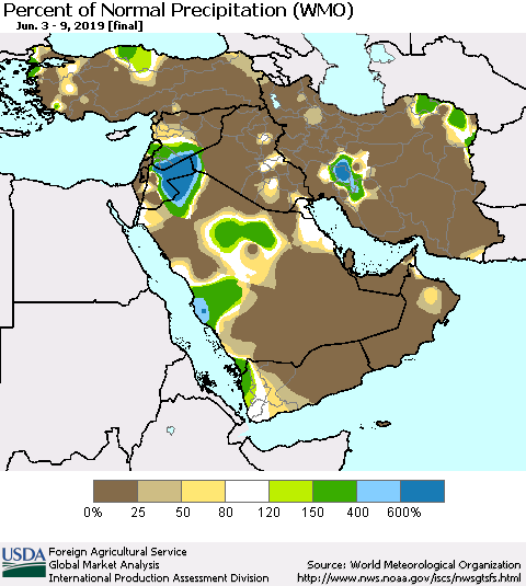 Middle East and Turkey Percent of Normal Precipitation (WMO) Thematic Map For 6/3/2019 - 6/9/2019