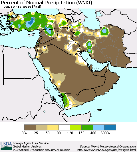 Middle East and Turkey Percent of Normal Precipitation (WMO) Thematic Map For 6/10/2019 - 6/16/2019