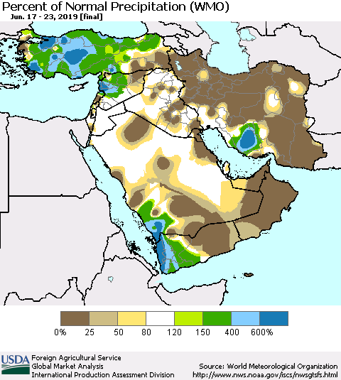 Middle East and Turkey Percent of Normal Precipitation (WMO) Thematic Map For 6/17/2019 - 6/23/2019