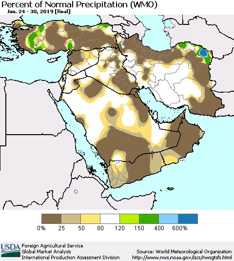 Middle East and Turkey Percent of Normal Precipitation (WMO) Thematic Map For 6/24/2019 - 6/30/2019