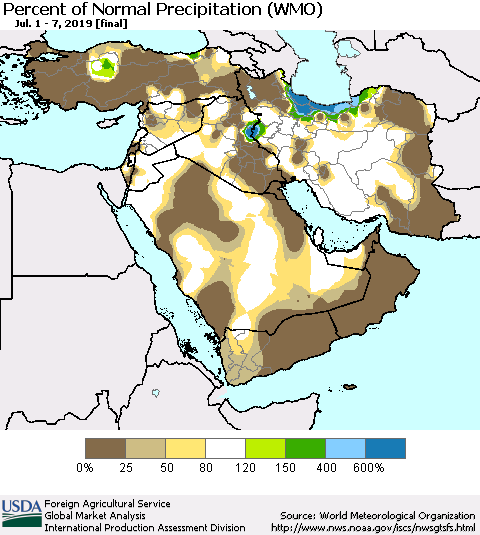 Middle East and Turkey Percent of Normal Precipitation (WMO) Thematic Map For 7/1/2019 - 7/7/2019