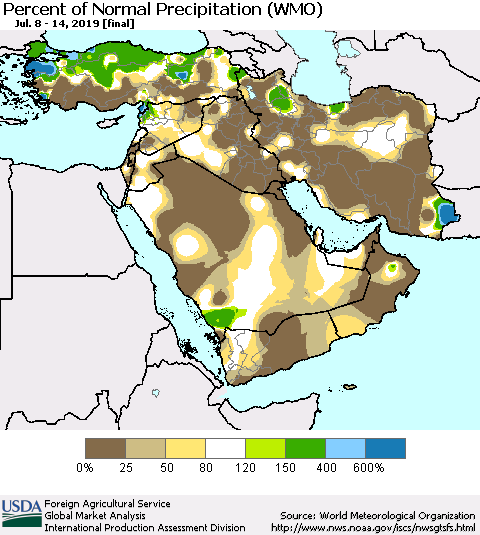 Middle East and Turkey Percent of Normal Precipitation (WMO) Thematic Map For 7/8/2019 - 7/14/2019