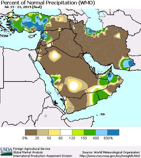 Middle East and Turkey Percent of Normal Precipitation (WMO) Thematic Map For 7/15/2019 - 7/21/2019