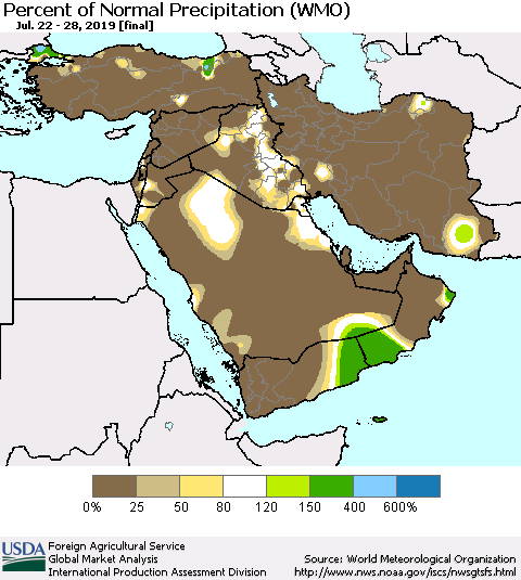 Middle East and Turkey Percent of Normal Precipitation (WMO) Thematic Map For 7/22/2019 - 7/28/2019