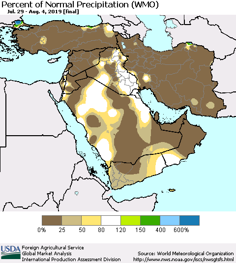 Middle East and Turkey Percent of Normal Precipitation (WMO) Thematic Map For 7/29/2019 - 8/4/2019