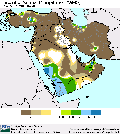 Middle East and Turkey Percent of Normal Precipitation (WMO) Thematic Map For 8/5/2019 - 8/11/2019
