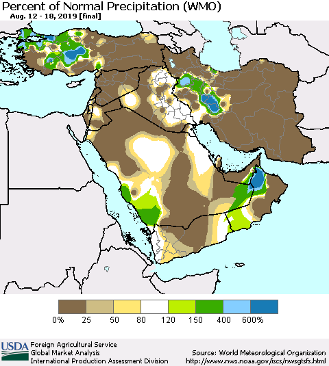 Middle East and Turkey Percent of Normal Precipitation (WMO) Thematic Map For 8/12/2019 - 8/18/2019