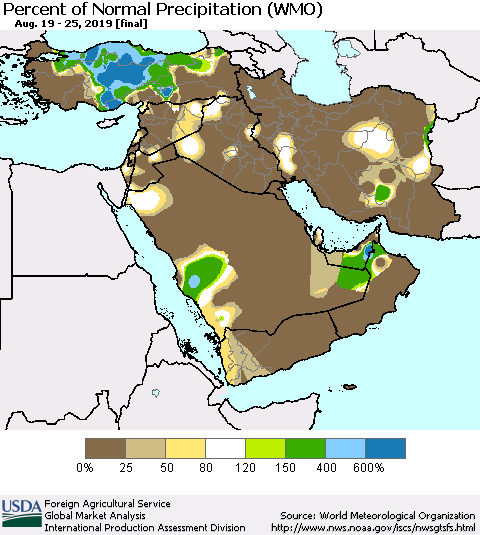 Middle East and Turkey Percent of Normal Precipitation (WMO) Thematic Map For 8/19/2019 - 8/25/2019