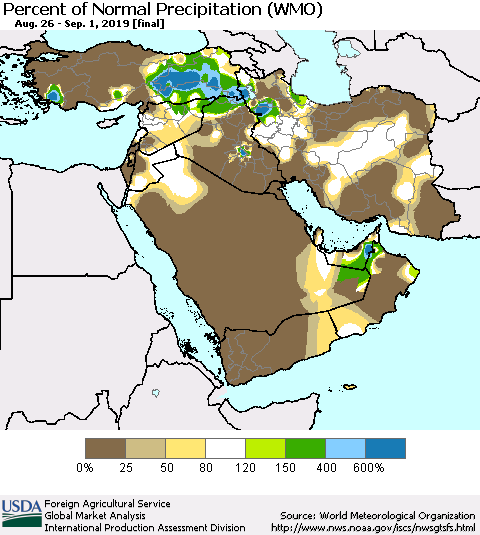Middle East and Turkey Percent of Normal Precipitation (WMO) Thematic Map For 8/26/2019 - 9/1/2019