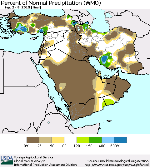 Middle East and Turkey Percent of Normal Precipitation (WMO) Thematic Map For 9/2/2019 - 9/8/2019