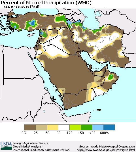 Middle East and Turkey Percent of Normal Precipitation (WMO) Thematic Map For 9/9/2019 - 9/15/2019