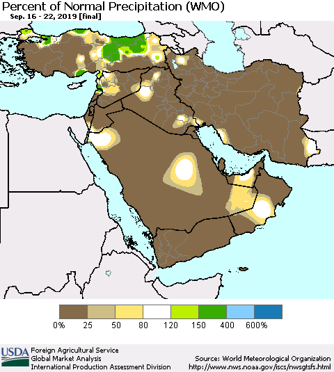 Middle East and Turkey Percent of Normal Precipitation (WMO) Thematic Map For 9/16/2019 - 9/22/2019